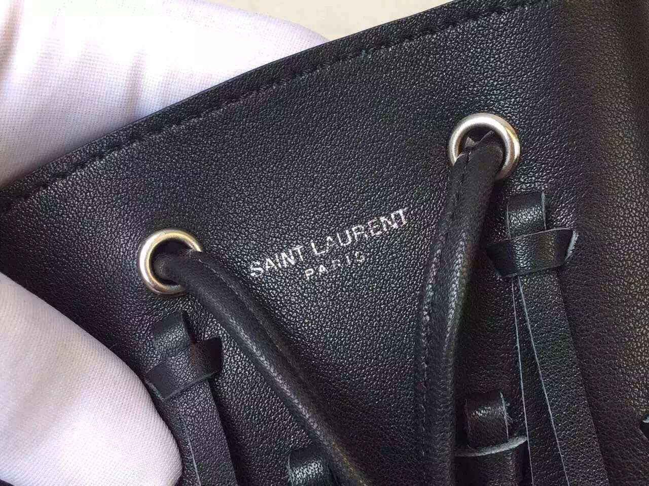2015 New Saint Laurent Bag Cheap Sale-Saint Laurent Emmanuelle Fringed Bucket Bag in Black Leather - Click Image to Close