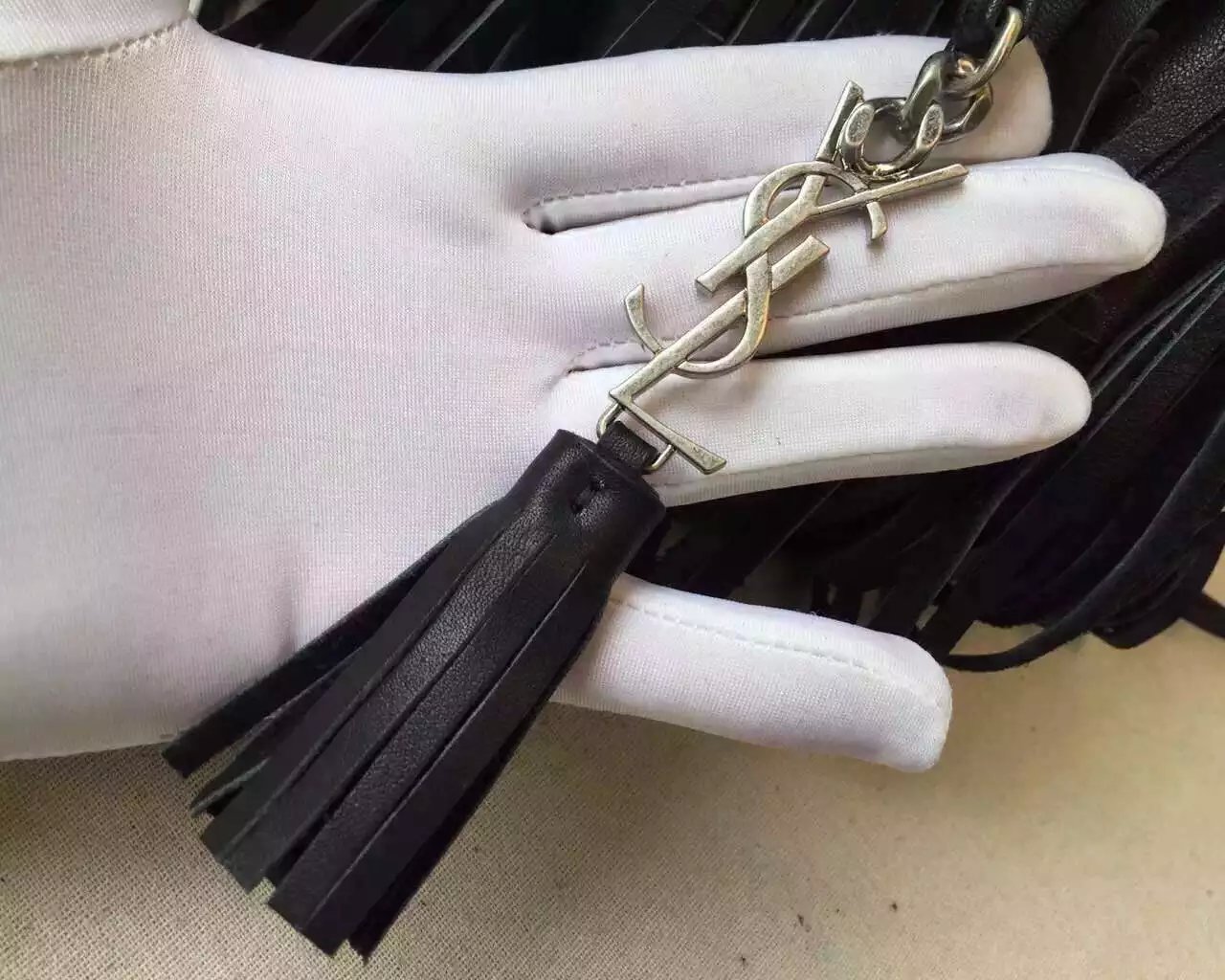 2015 New Saint Laurent Bag Cheap Sale-Saint Laurent Emmanuelle Fringed Bucket Bag in Black Leather - Click Image to Close