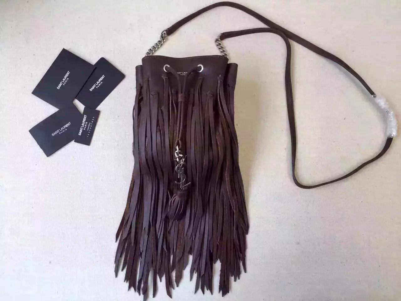 2015 New Saint Laurent Bag Cheap Sale-Saint Laurent Emmanuelle Fringed Bucket Bag in Bordeaux Leather