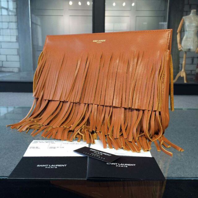 YSL 2015 Fashion Show Collection Outlet-Saint Laurent Clutch in Khaki Calfskin Leather with Fringe
