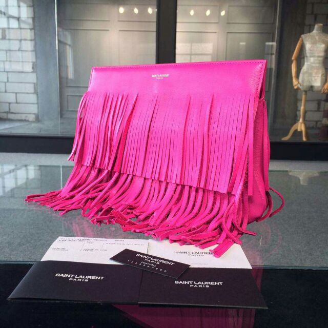 YSL 2015 Fashion Show Collection Outlet-Saint Laurent Clutch in Lipstick Fuchsia Calfskin Leather with Fringe