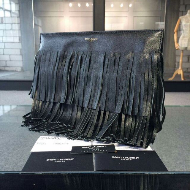 YSL 2015 Fashion Show Collection Outlet-Saint Laurent Clutch in Black Calfskin Leather with Fringe