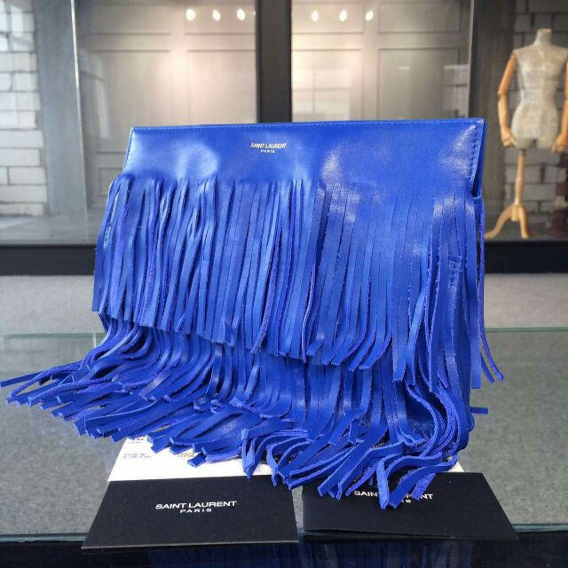 YSL 2015 Fashion Show Collection Outlet-Saint Laurent Clutch in Royal Blue Calfskin Leather with Fringe