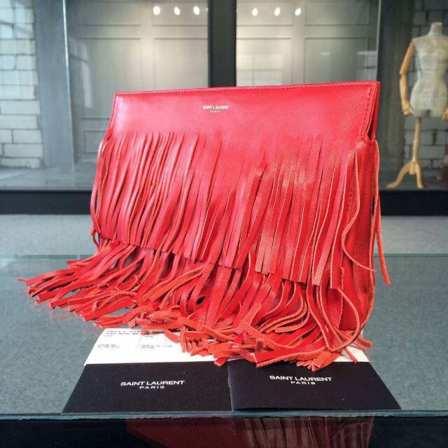 YSL 2015 Fashion Show Collection Outlet-Saint Laurent Clutch in Red Calfskin Leather with Fringe