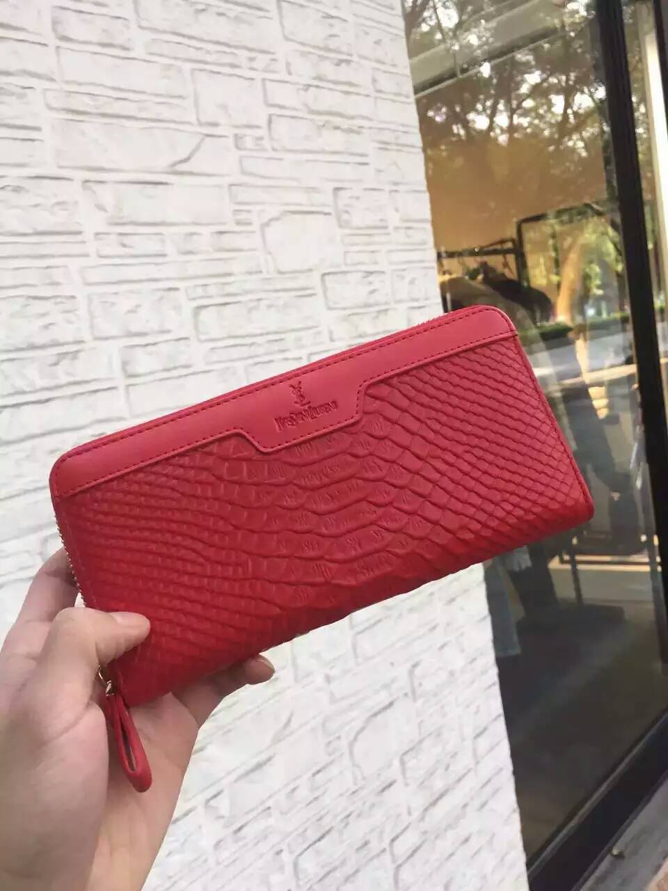 2016 Saint Laurent Bags Cheap Sale-Saint Laurent Zippy Around Wallet in Red Python Embossed Calfskin Leather