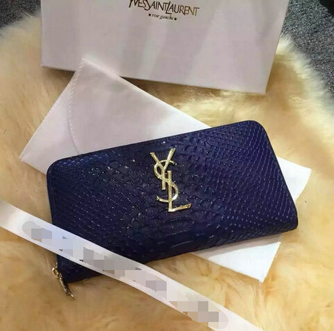 2015 New Saint Laurent Bag Cheap Sale- Saint Laurent YSL Zip Around Wallet in Blue Snake Leather