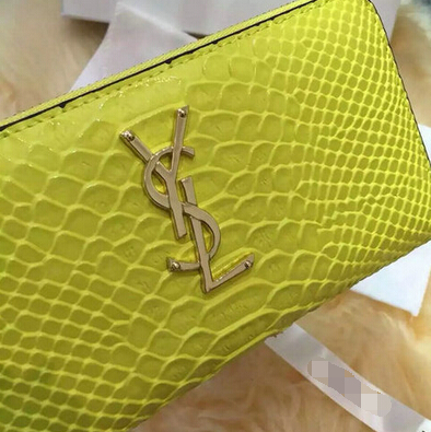 2015 New Saint Laurent Bag Cheap Sale- Saint Laurent YSL Zip Around Wallet in Lemon Snake Leather - Click Image to Close