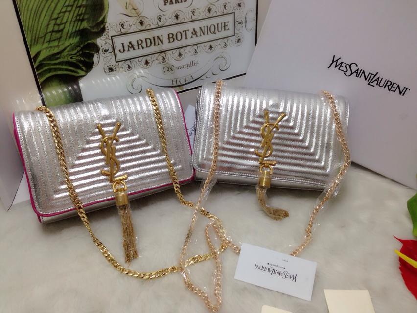 2015 New Saint Laurent Bag Cheap Sale-Classic MONOGRAM SAINT LAURENT Tassel Satchel in Silver Matelasse Leather With Rose Egde - Click Image to Close