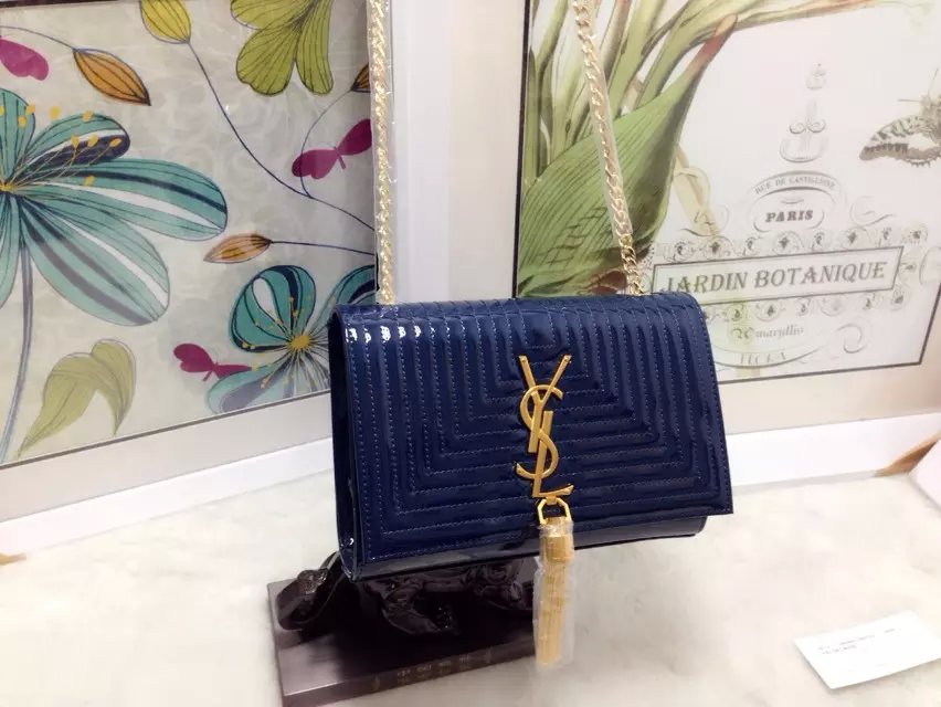 2015 New Saint Laurent Bag Cheap Sale-Classic Monogram Saint Laurent Tassel Satchel in Royal Blue Matelasse Patent Leather