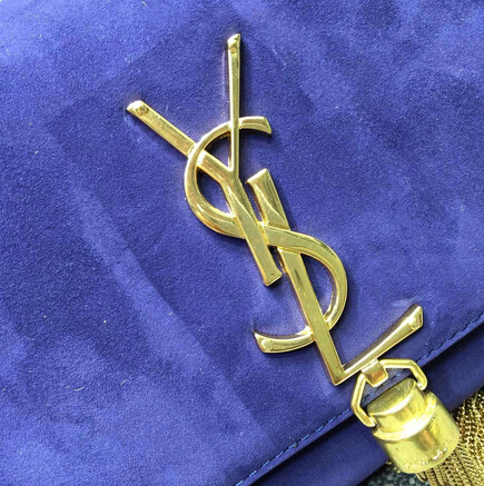 2015 New Saint Laurent Bag Cheap Sale- Classic Monogram Saint Laurent Tassel Satchel in Blue Suede Leather - Click Image to Close