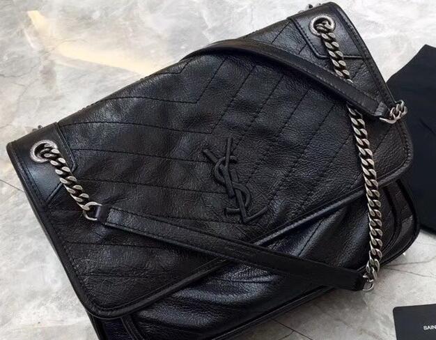 YSL Medium Monogramme Niki Chain Bag in Black Vintage Crinkled Leather