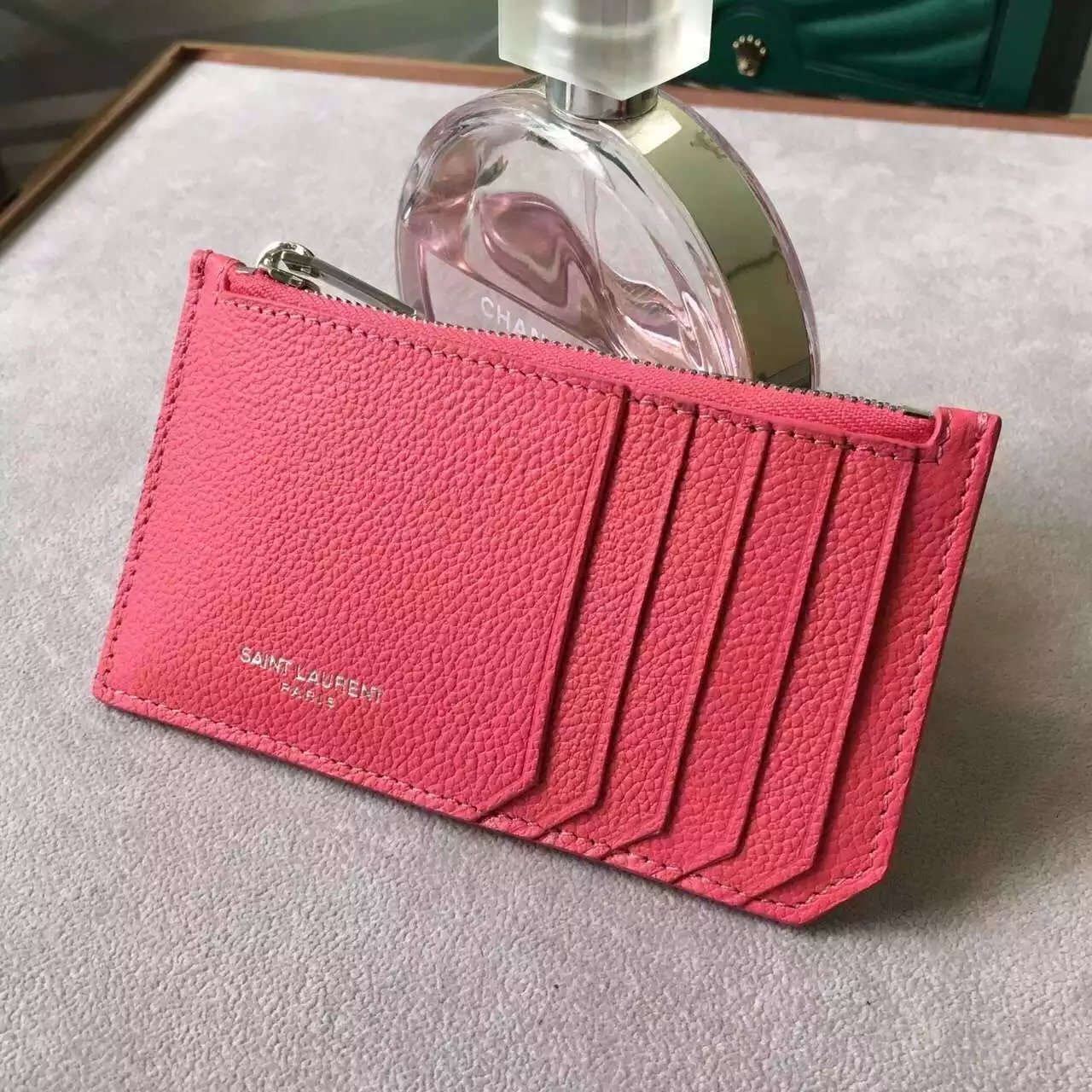 Limited Edition!2016 New Saint Laurent Small Leather Goods Cheap Sale-Saint Laurent Classic Paris 5 Fragments Zip Pouch in Lipstick Fuchsia Leather - Click Image to Close