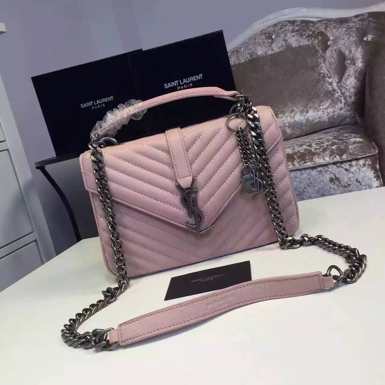 2016 New Saint Laurent Bag Cheap Sale-Saint Laurent Classic Medium COLLEGE MONOGRAM Bag in Pale Pink MATELASSE Leather