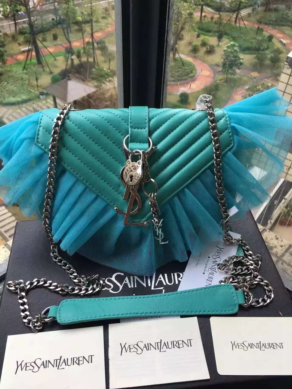 Limited Edition!2016 Saint Laurent Bags Cheap Sale-Saint Laurent Classic Large Baby Monogram Punk Chain Bag in Turquoise Matelasse Leather and Tulle