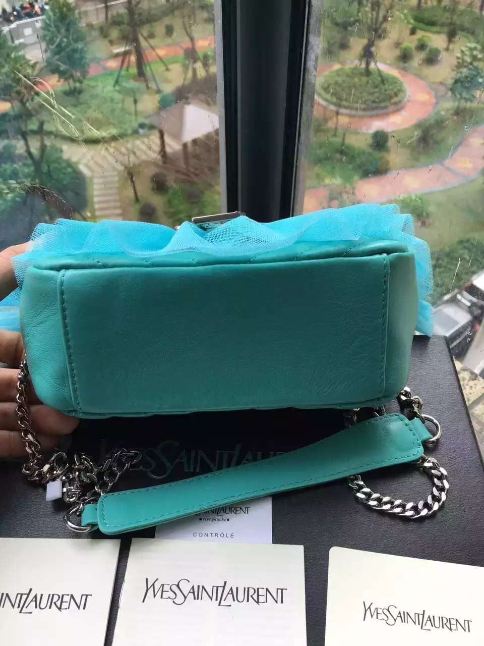 Limited Edition!2016 Saint Laurent Bags Cheap Sale-Saint Laurent Classic Large Baby Monogram Punk Chain Bag in Turquoise Matelasse Leather and Tulle - Click Image to Close