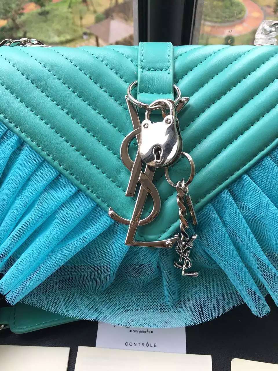 Limited Edition!2016 Saint Laurent Bags Cheap Sale-Saint Laurent Classic Large Baby Monogram Punk Chain Bag in Turquoise Matelasse Leather and Tulle - Click Image to Close
