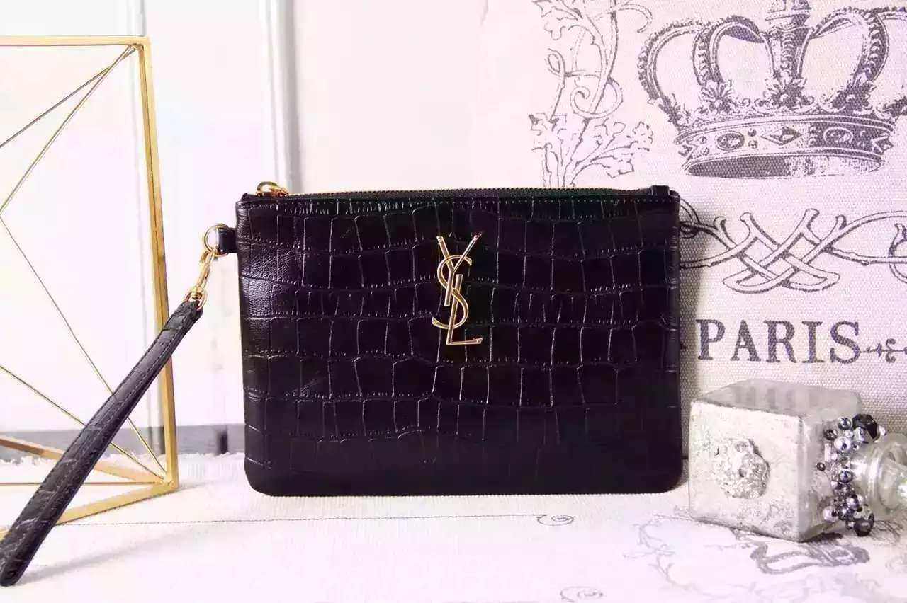2016 New Saint Laurent Bag Cheap Sale-Saint Laurent Classic Clutch in Black Crocodile Embossed Leather with Gold "YSL"