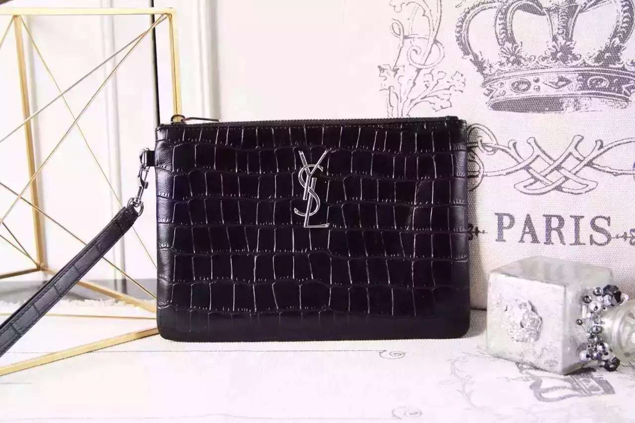 2016 New Saint Laurent Bag Cheap Sale-Saint Laurent Classic Clutch in Black Crocodile Embossed Leather with Silver "YSL"