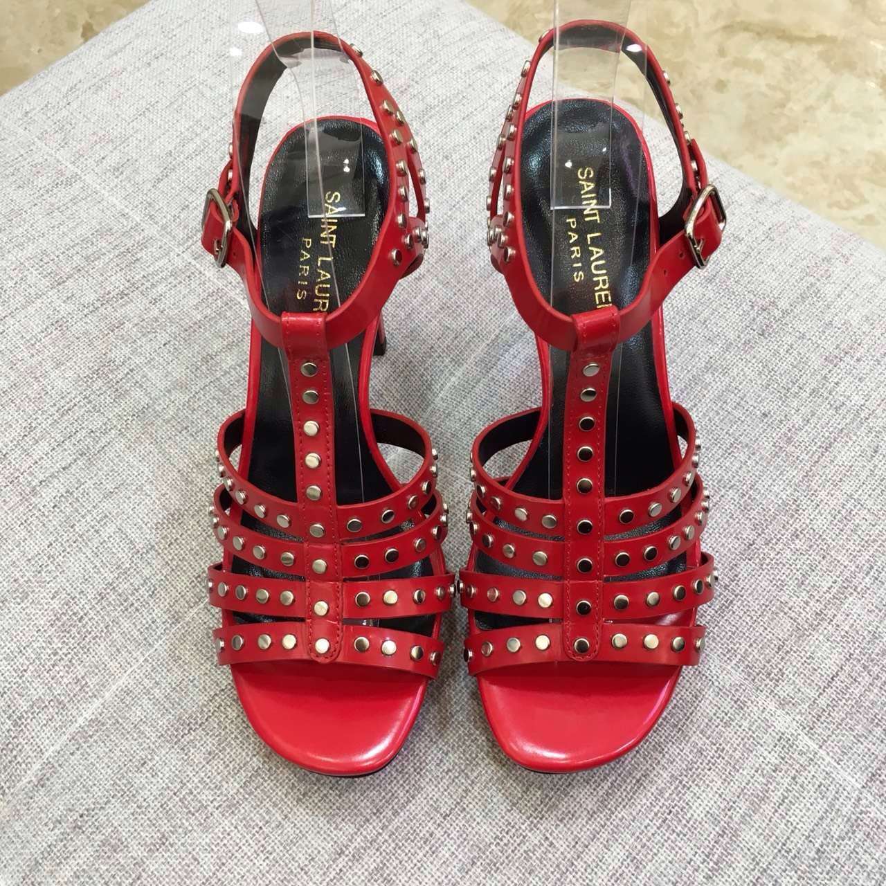 2016 Saint Laurent Shoes Cheap Sale-Saint Laurent Classic TRIBUTE 105 Studded Sandal in Red Leather and Nickel - Click Image to Close
