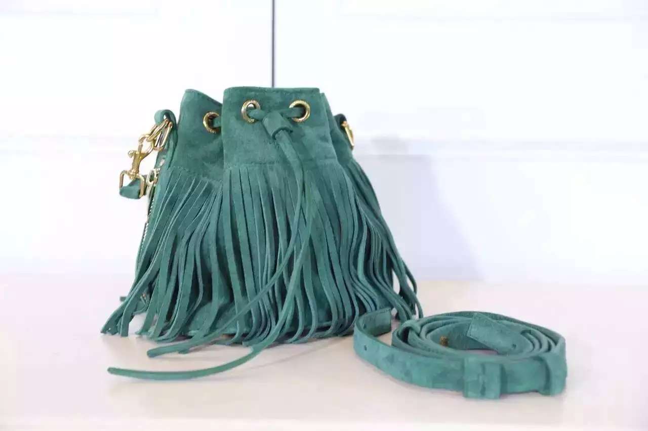 2016 New Saint Laurent Bag Cheap Sale-Saint Laurent Emmanuelle Fringed Bucket Bag in Green Suede and Leather