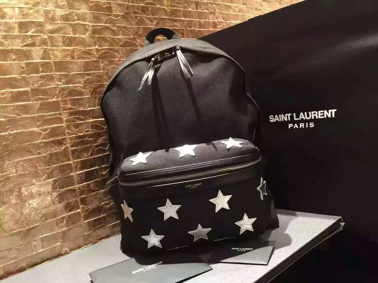 2016 Saint Laurent Bags Cheap Sale-Saint Laurent Classic Hunting California Backpack in Black Nylon and Silver Metallic Leather