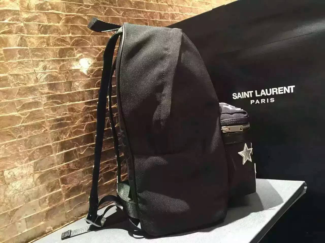 2016 Saint Laurent Bags Cheap Sale-Saint Laurent Classic Hunting California Backpack in Black Nylon and Silver Metallic Leather - Click Image to Close