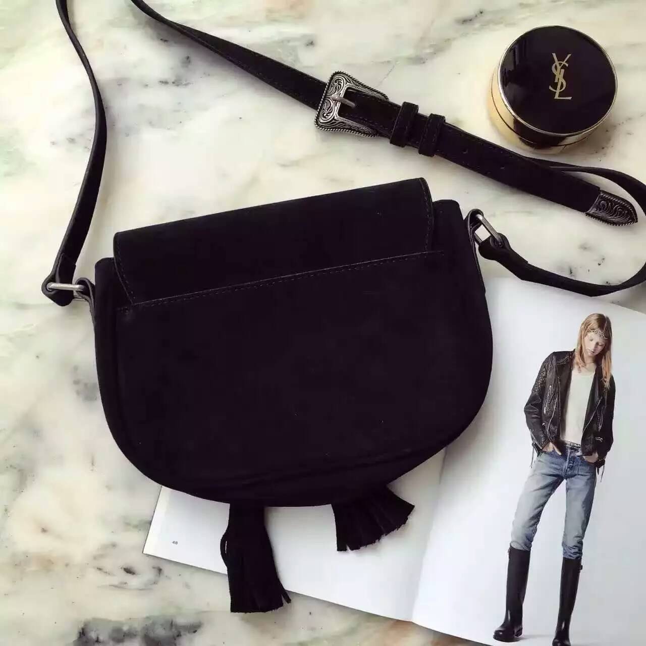Limited Edition!2016 Saint Laurent Bags Cheap Sale-Saint Laurent Kim Cross Bag in Black suede Leather - Click Image to Close