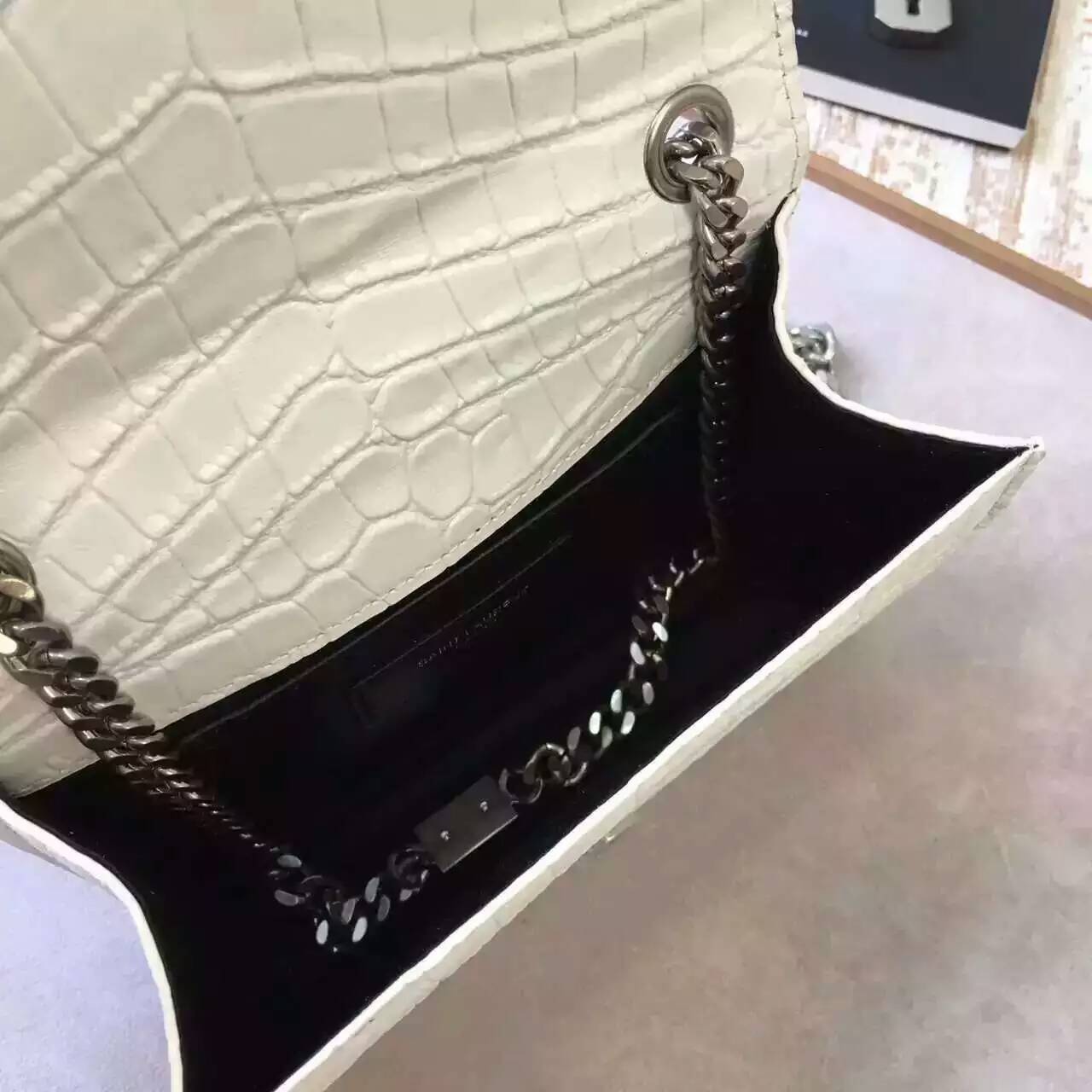 S/S 2016 New Saint Laurent Bag Cheap Sale-Saint Laurent Kate Monogram Satchel in Dove White Crocodile Embossed Leather - Click Image to Close
