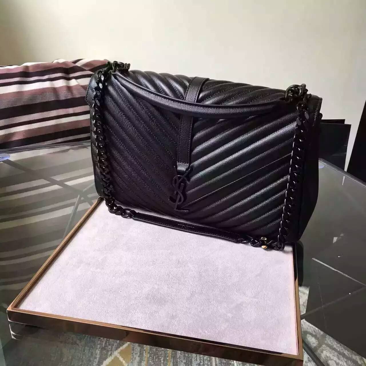 2016 New Saint Laurent Bag Cheap Sale-Saint Laurent Classic Medium COLLEGE MONOGRAM Bag in Black MATELASSE Leather
