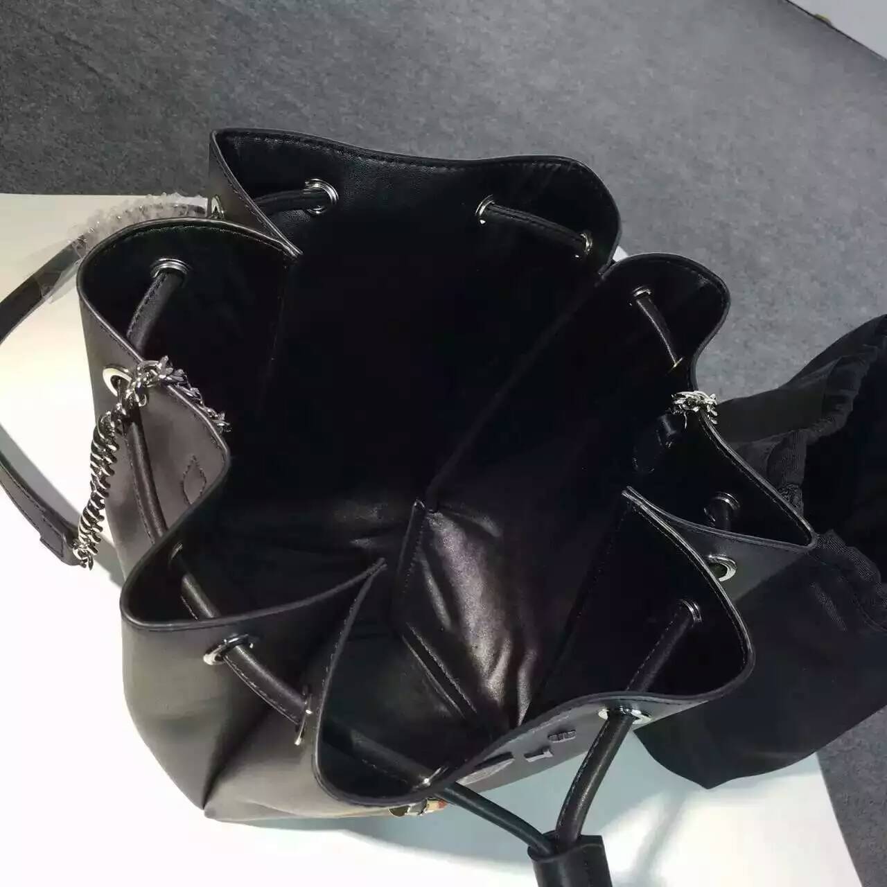 Limited Edition!2016 New Saint Laurent Bag Cheap Sale-Saint Laurent Medium Emmanuelle Bucket Bag in Black Leather with Lipstick Decoration - Click Image to Close