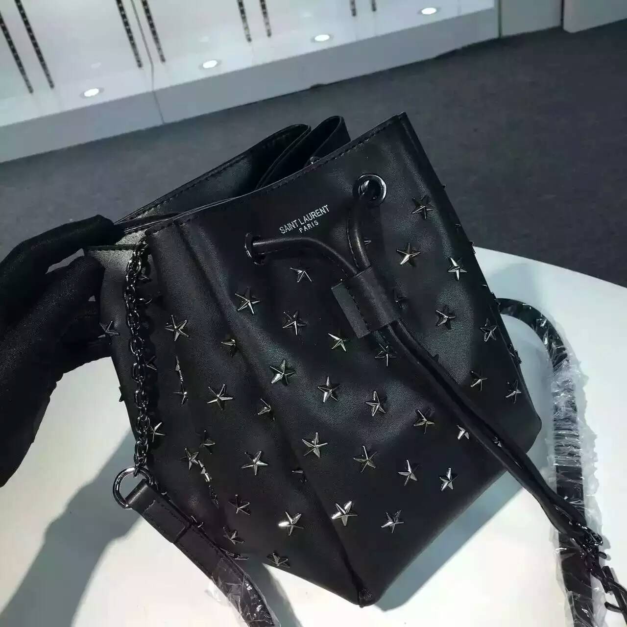 Limited Edition!2016 New Saint Laurent Bag Cheap Sale-Saint Laurent Medium Emmanuelle Bucket Bag in Black Leather with Stars