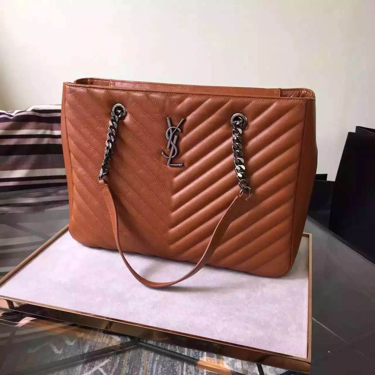 New Arrival!2016 Cheap YSL Out Sale with Free Shipping-Saint Laurent Classic Monogram Shopping Bag in Camel MATELASSÉ Leather
