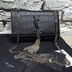 2015 New Saint Laurent Bag Cheap Sale-Classic Saint Laurent Tassel Satchel in Superior Black Crocodile Embossed Calf Leather