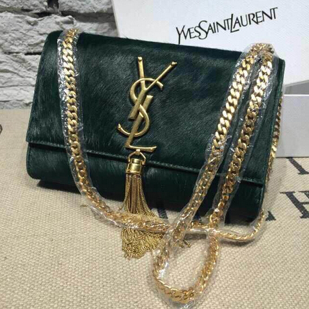 2015 New Saint Laurent Bag Cheap Sale- YSL Horsehair Metallic Tassel Chain Bag in Green