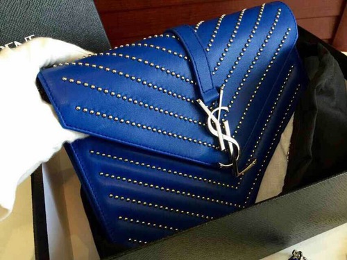 2015 New Saint Laurent Bag Cheap Sale-YSL Classic Monogram Saint Laurent Satchel in Blue Grain de Poudre Textured Matelassé Leather and Silver-Toned Metal Studs