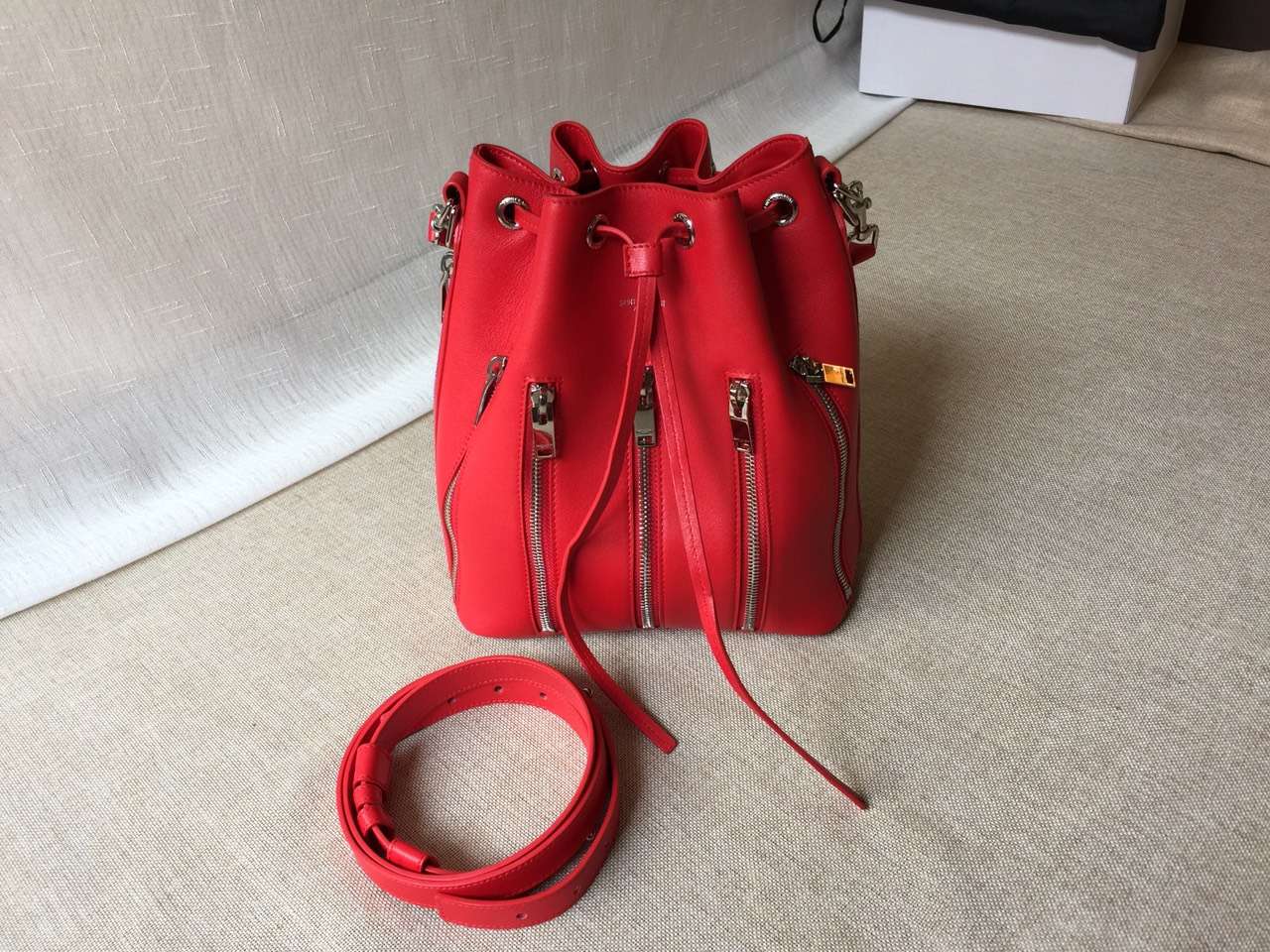 2016 New Saint Laurent Bag Cheap Sale-Saint Laurent Medium Emmanuelle Bucket Bag in Cherry Leather With Zips
