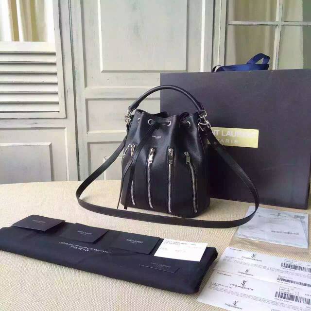 2015 New Saint Laurent Bag Cheap Sale-Saint Laurent Medium Emmanuelle Bucket Bag in Black Leather With Zips