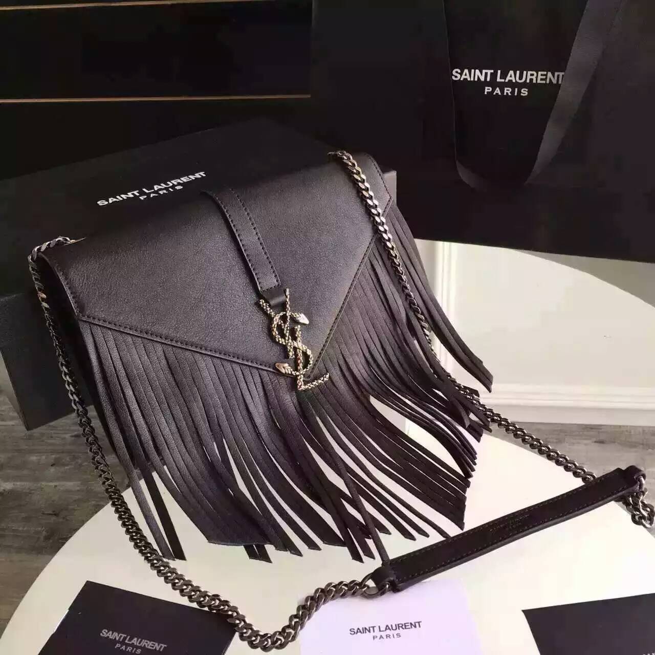 Limited Edition!2016 New Saint Laurent Bag Cheap Sale- Saint Laurent Monogram Fringed Satchel in Black Calfskin Leather