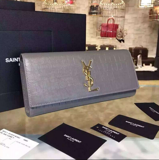 YSL Spring 2016 Collection Outlet-Saint Laurent Classic Monogram Clutch in Fog Crocodile Embossed Leather with Gold 