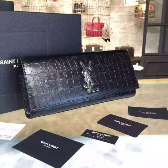 YSL Spring 2016 Collection Outlet-Saint Laurent Classic Monogram Clutch in Black Crocodile Embossed Leather with Silver