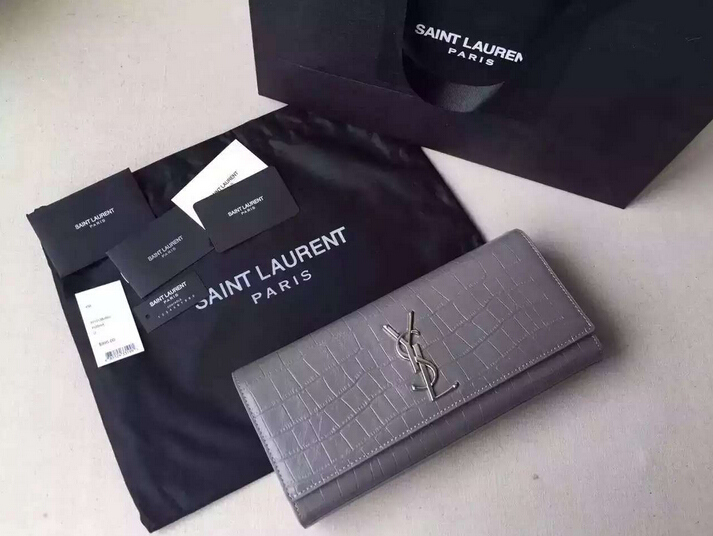 YSL Spring 2016 Collection Outlet-Saint Laurent Classic Monogram Clutch in Fog Crocodile Embossed Leather