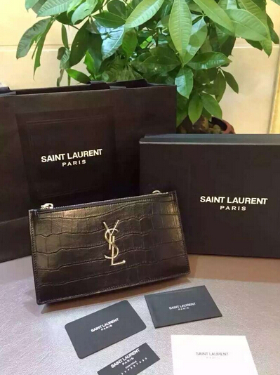Fall/Winter 2015 Saint Laurent Bag Cheap Sale-Saint Laurent Zippy Clutch in Black Crocodile Embossed Leather