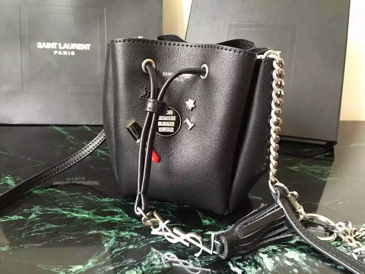 Limited Edition!2016 New Saint Laurent Bag Cheap Sale-Saint Laurent Small Emmanuelle Bucket Bag in Black Leather with Lipstick Decoration