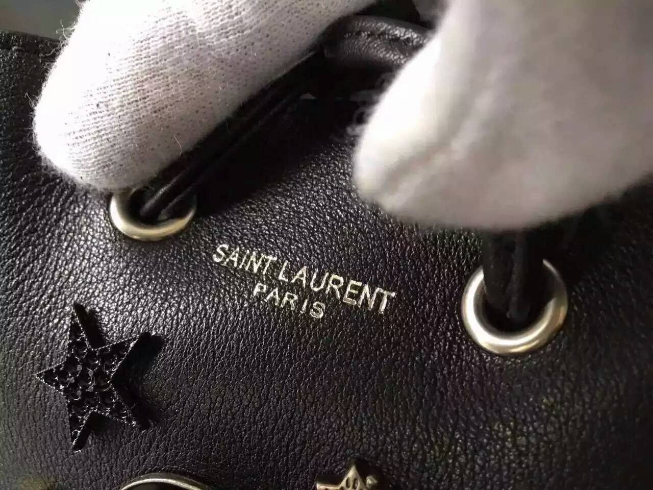 Limited Edition!2016 New Saint Laurent Bag Cheap Sale-Saint Laurent Small Emmanuelle Bucket Bag in Black Leather with Lipstick Decoration - Click Image to Close