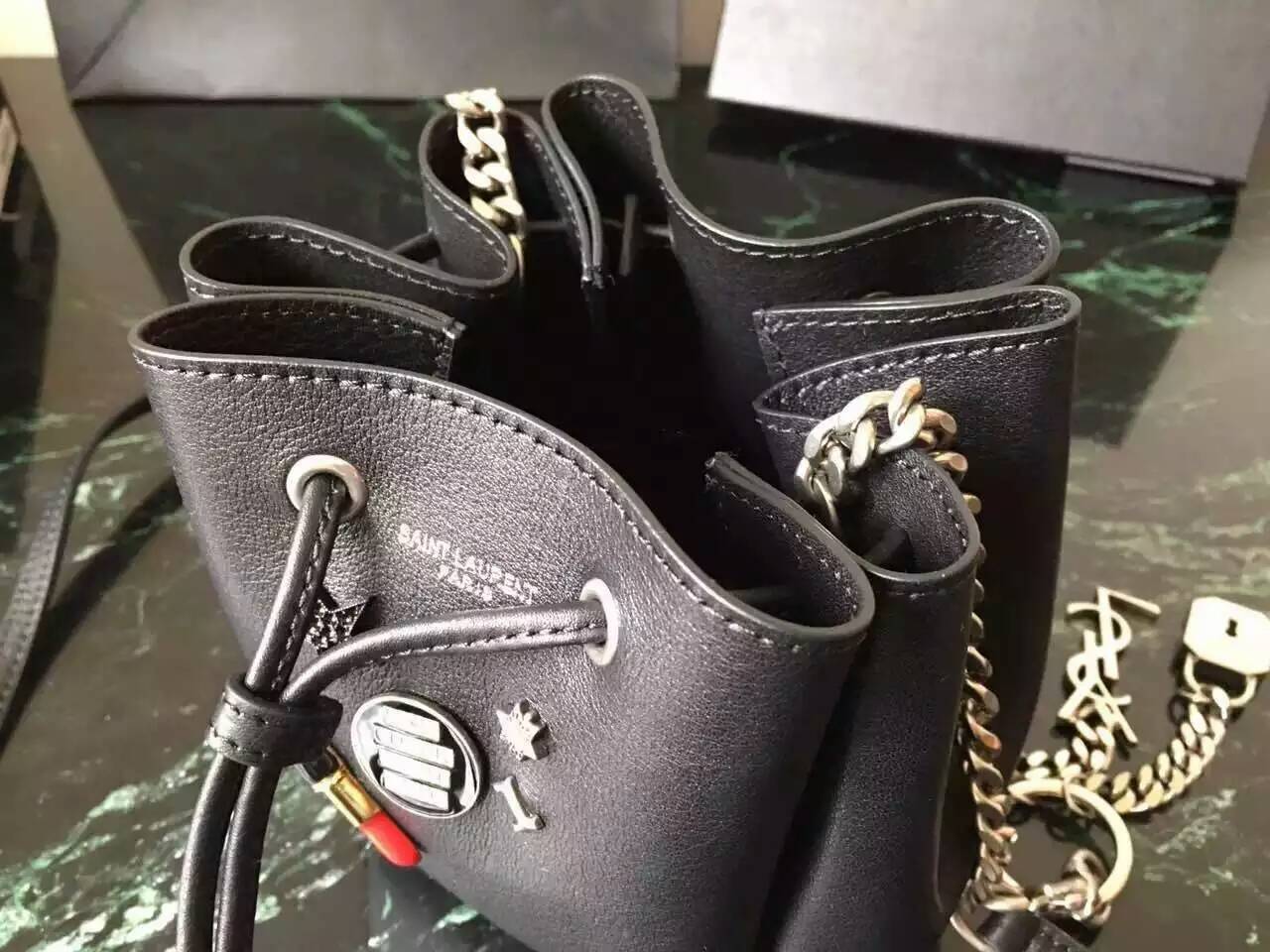 Limited Edition!2016 New Saint Laurent Bag Cheap Sale-Saint Laurent Small Emmanuelle Bucket Bag in Black Leather with Lipstick Decoration - Click Image to Close