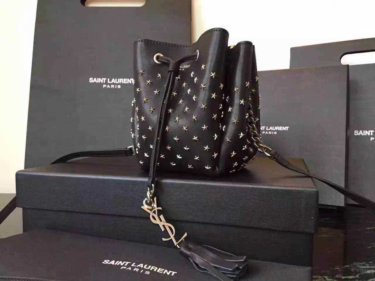 Limited Edition!2016 New Saint Laurent Bag Cheap Sale-Saint Laurent Small Emmanuelle Bucket Bag in Black Leather with Stars