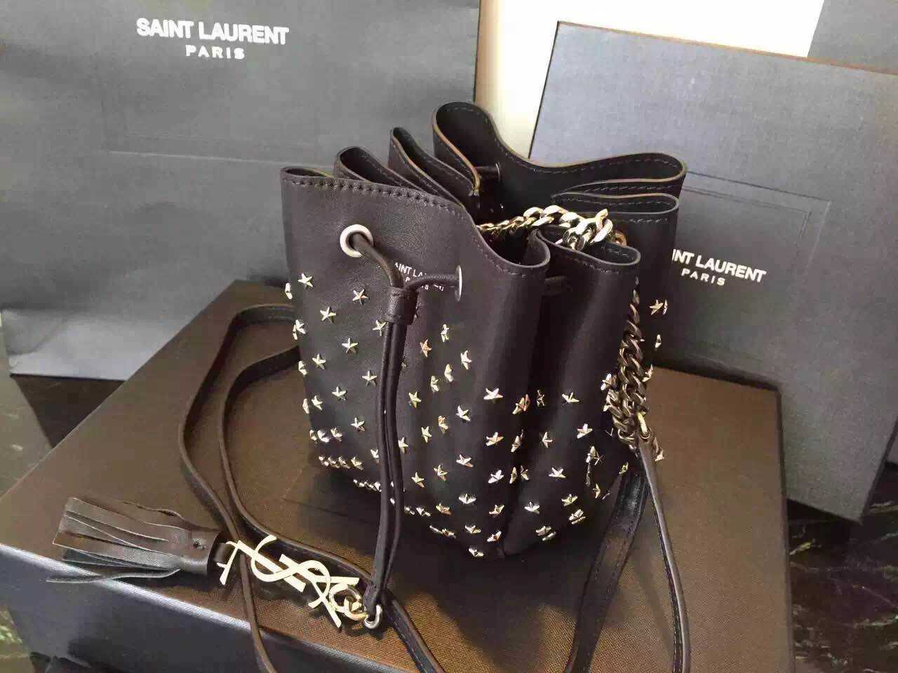 Limited Edition!2016 New Saint Laurent Bag Cheap Sale-Saint Laurent Small Emmanuelle Bucket Bag in Black Leather with Stars - Click Image to Close