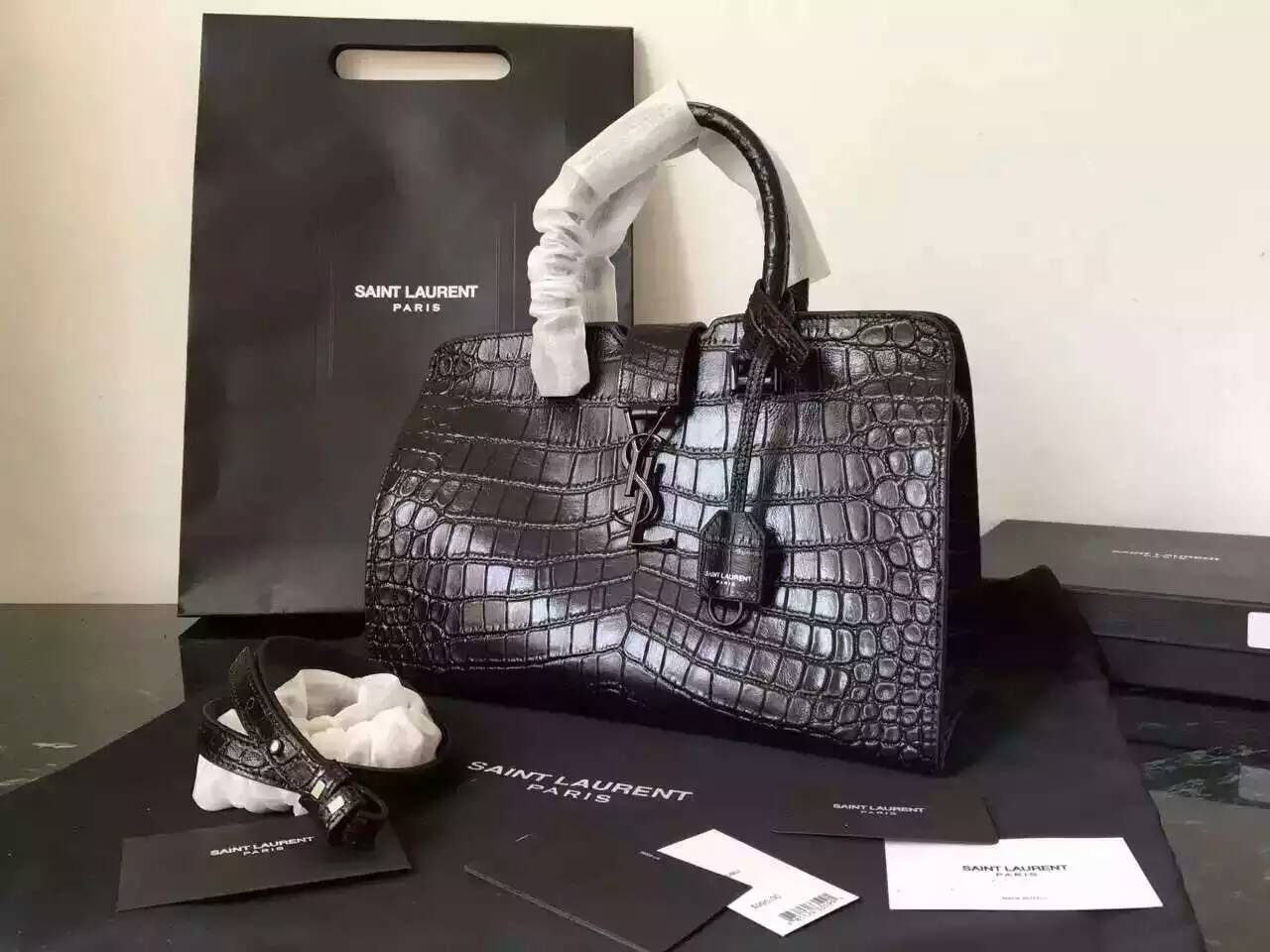 S/S 2016 New Saint Laurent Bag Cheap Sale-Saint Laurent Small Monogram Cabas Bag in Black Crocodile Embossed Leather