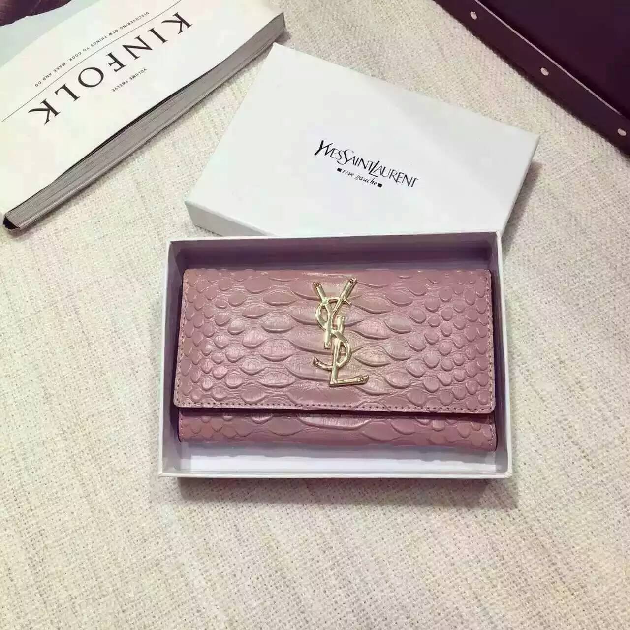 Limited Edition!2016 New Saint Laurent Small Leather Goods Cheap Sale-Saint Laurent Wallet in Pink Python Embossed Leather