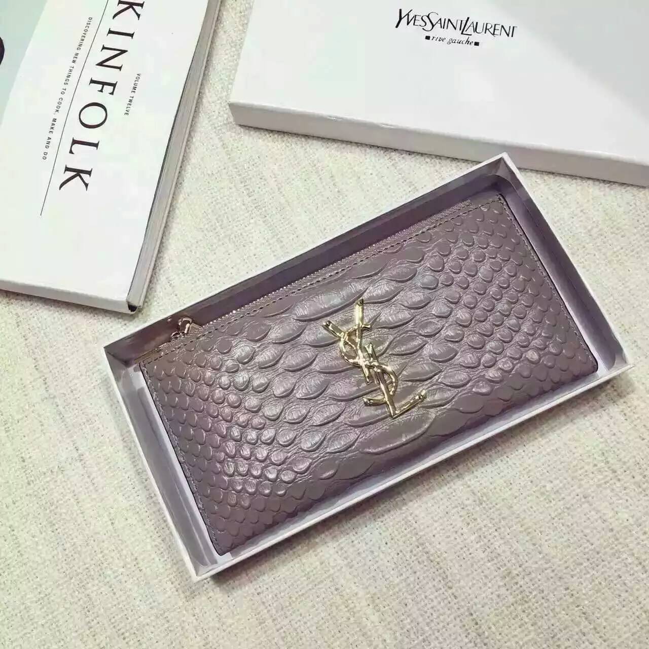 Limited Edition!2016 New Saint Laurent Small Leather Goods Cheap Sale-Saint Laurent Zippy Wallet in Grey Python Embossed Leather